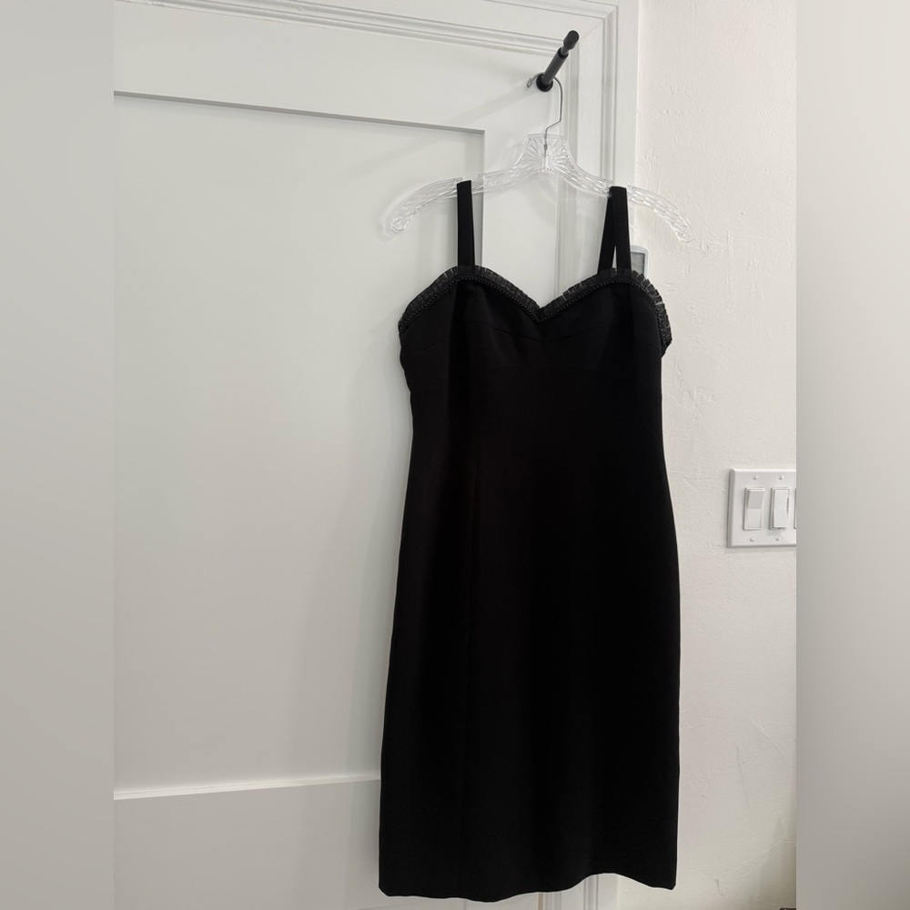 Tahari Arthur S. Levine petite black sleeveless dress w/ beading + ribbon